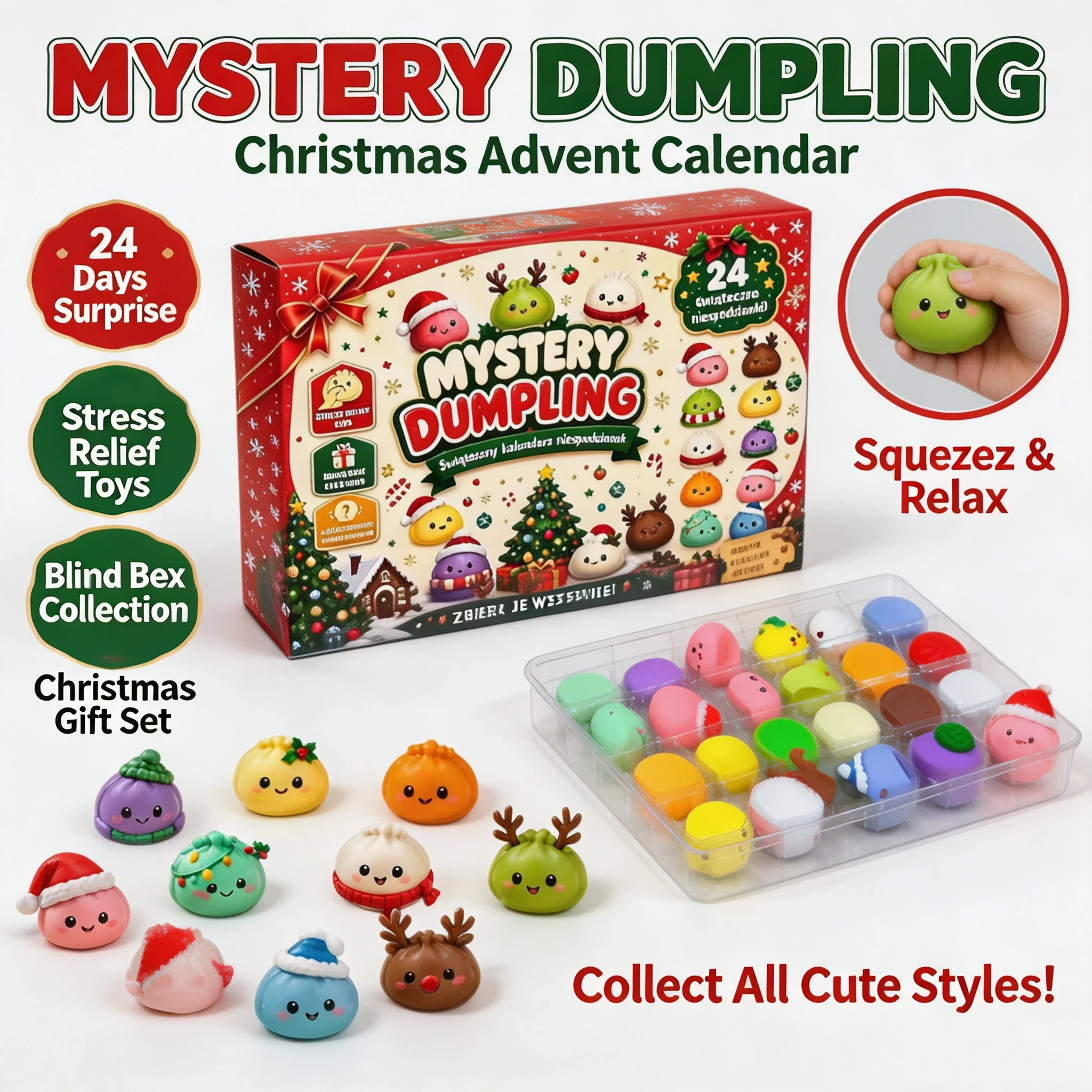 Mystery Box Blind Bag - 24 ชิ้น ของเล่นบีบคลายเครียดรูปเกี๊ยวสุดน่ารัก กล่องสุ่มปฏิทินแอดเวนต์คริสต์มาส ของขวัญเซอร์ไพรส์คริสต์มาส